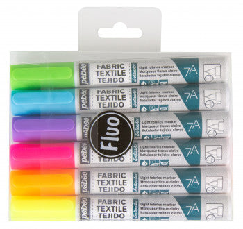 Pebeo 7A Light Fabric Fluo Brush Markers Set Of 6 Assorted Colours