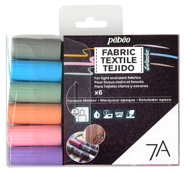 Pebeo 7A Light Opaque Fabric Brush Markers Set Of 6 Assorted Pastel Colours