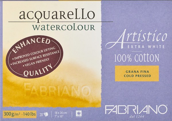 Fabriano Artistico Watercolour Enhanced Block 300gsm Cold Press Extra White 20 Sheets#Dimensions_18X26CM