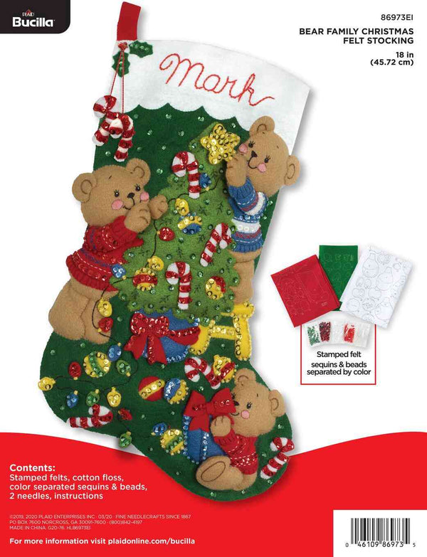 Bucilla 18" Applique Stocking Kit Bear Family Christmas
