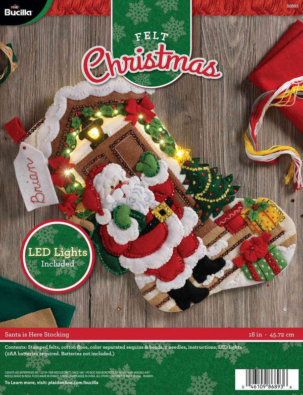 Bucilla 18" Applique Stocking Kit Santa Is Here With Lights