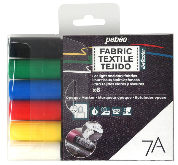 Pebeo 7A Light Opaque Fabric Brush Markers Set Of 6 Assorted Colours