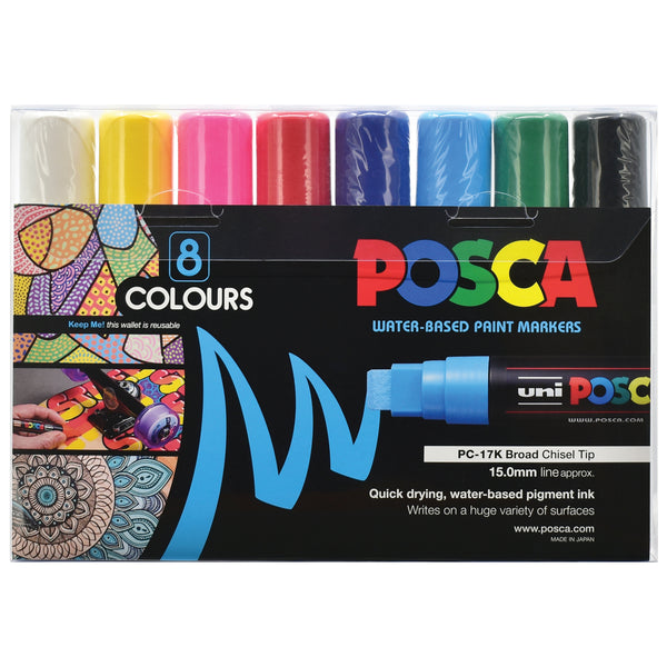 Uni 15.0mm Extra-Broad Chisel Posca Markers Assorted Pack of 8 PC-17K