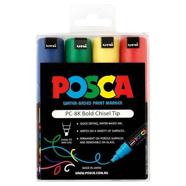 Uni Posca Markers 8.0mm Bold Chisel Set of 4 Colours