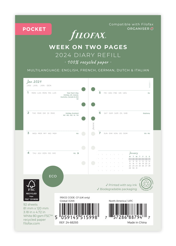Filofax Eco Week on Two Pages Diary Refill - Pocket