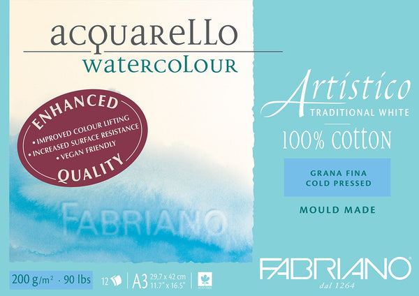 Fabriano Artistico Watercolour Enhanced Pad 200gsm Cold Press 12 Sheets#Size_A3