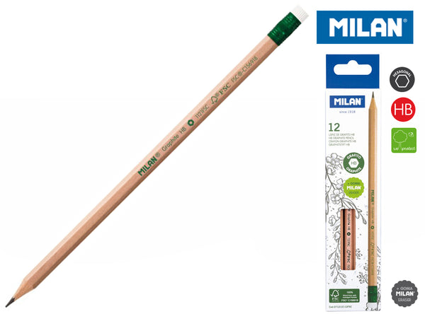 Milan HB Pencil With Eraser Hexagonal Pack of 12 