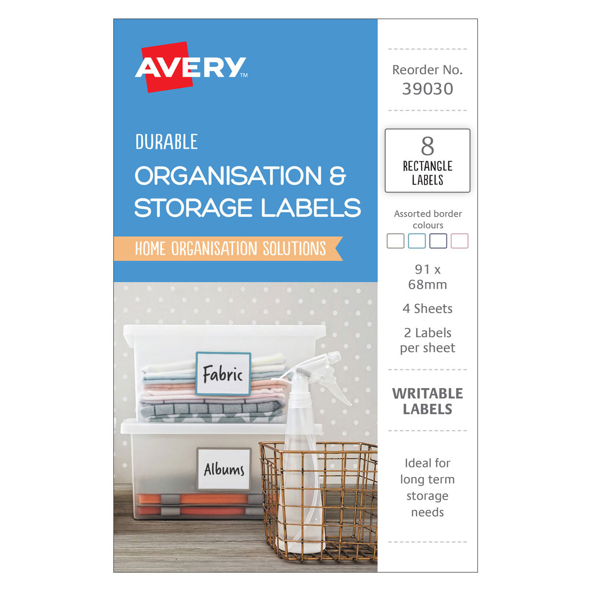 Avery Organisation &amp; Storage Labels 91x68mm 2up 4 Sheets