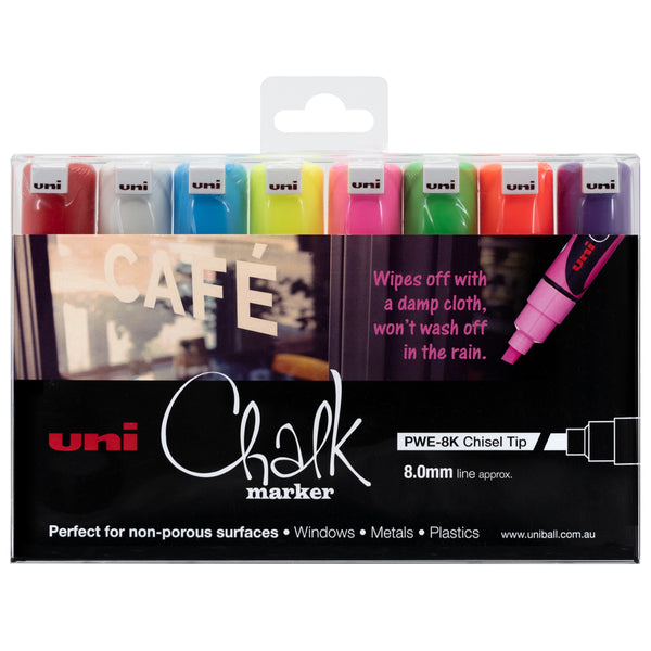 Uni Chalk Marker 8.0mm Chisel Tip Assorted - Pack Of 8