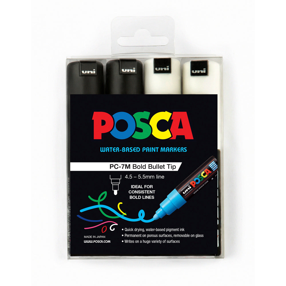 Uni Posca Markers 4.5-5.5mm Black/White PC7M - Set of 4