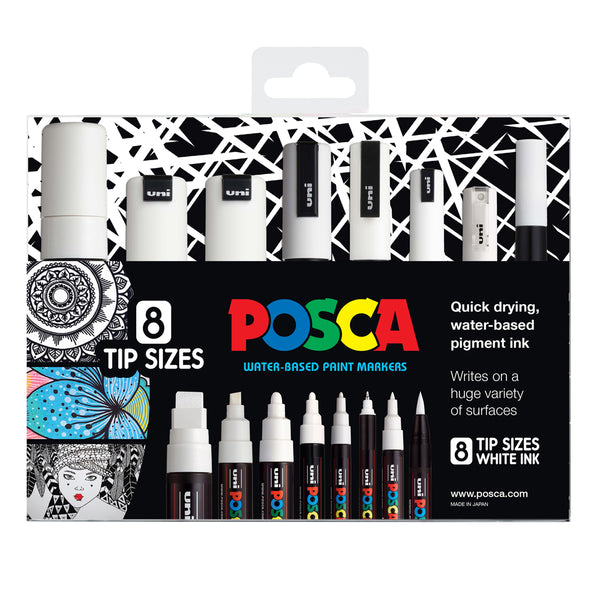 Uni Posca Marker White Set Tip Sizes - Pack Of 8