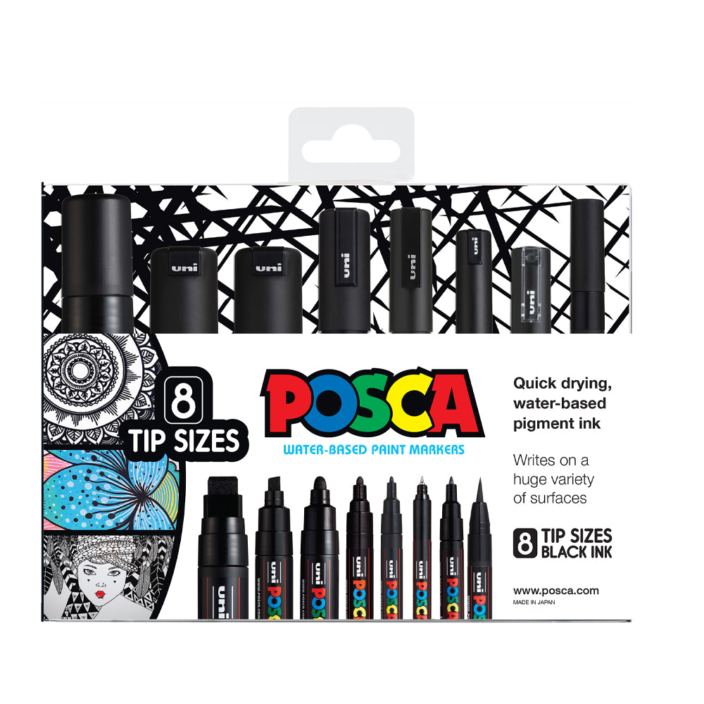 Uni Posca Markers Black Assorted Tip Sizes - Set of 8