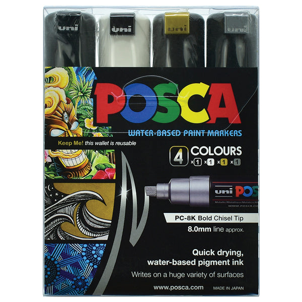 Uni Posca Marker 8.0mm Bold Chisel Black White Gold Silver Pack Of 4