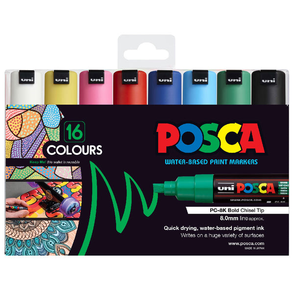 Uni Posca Marker 8.0mm Bold Chisel Assorted Pack Of 16