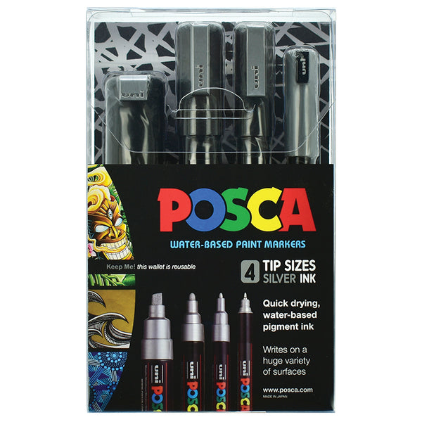 Uni Posca Marker Silver Set Assorted Tip Sizes Pack Of 4 