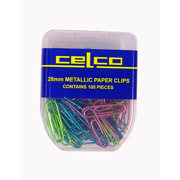 celco 28mm metallic coloured paper clips pack of 100 - 4 boxes  (400 units)