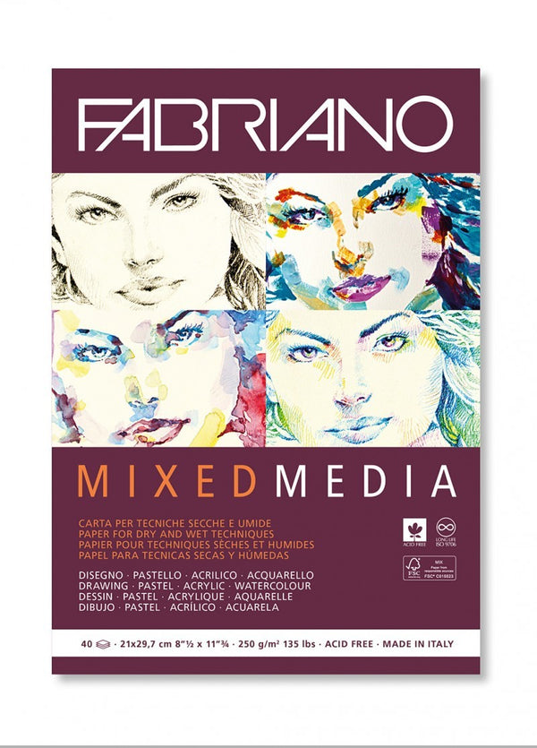 Fabriano Mixed Media Acid Free Paper Pad 250gsm A4 40 Sheets