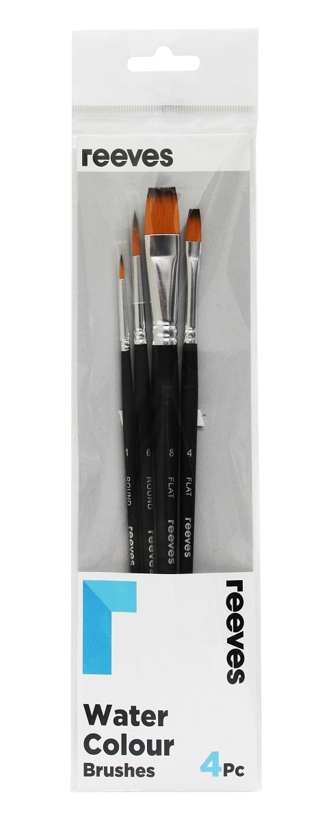 Reeves Watercolour Art Brush Golden Synthetic Short Handle Pack Of 4 (No. 1 6 Round; No. 4 8 Flat)