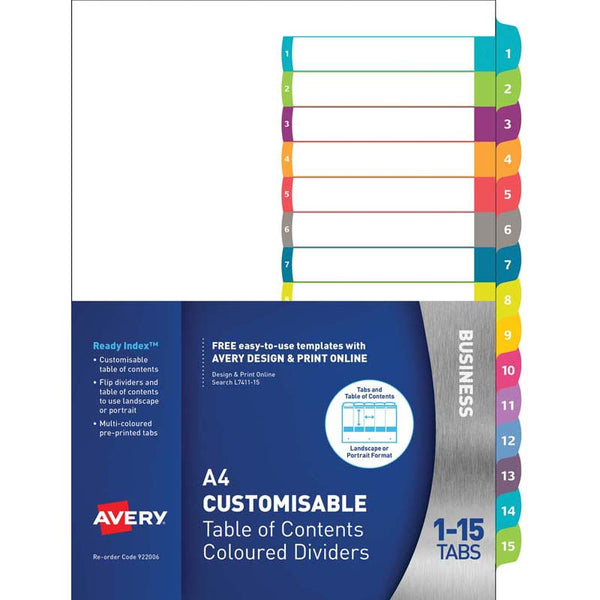 avery customisable table of contents a4 1-15 tabs coloured