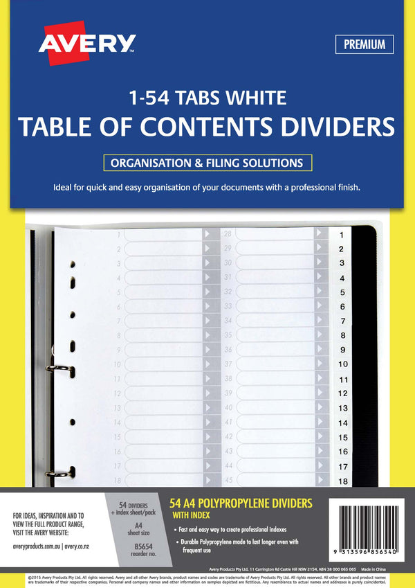 avery dividers a4 1-54 tab WHITE polypropylene
