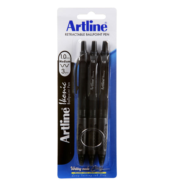 Artline Ikonic Ballpoint Pen Retractable Grip Medium Black - Pack of 3#Colour_BLACK