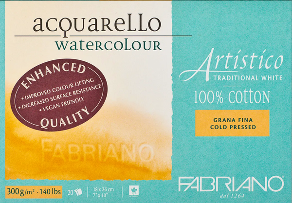 Fabriano Artistico Watercolour Enhanced Block 300gsm Cold Press Traditional White 20 Sheets#Dimensions_18X26CM