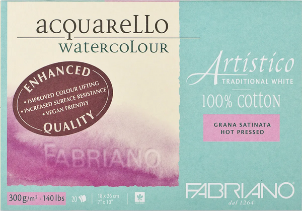 Fabriano Artistico Watercolour Enhanced Block 300gsm Hot Press Traditional White 20 Sheets#Dimensions_18X26CM