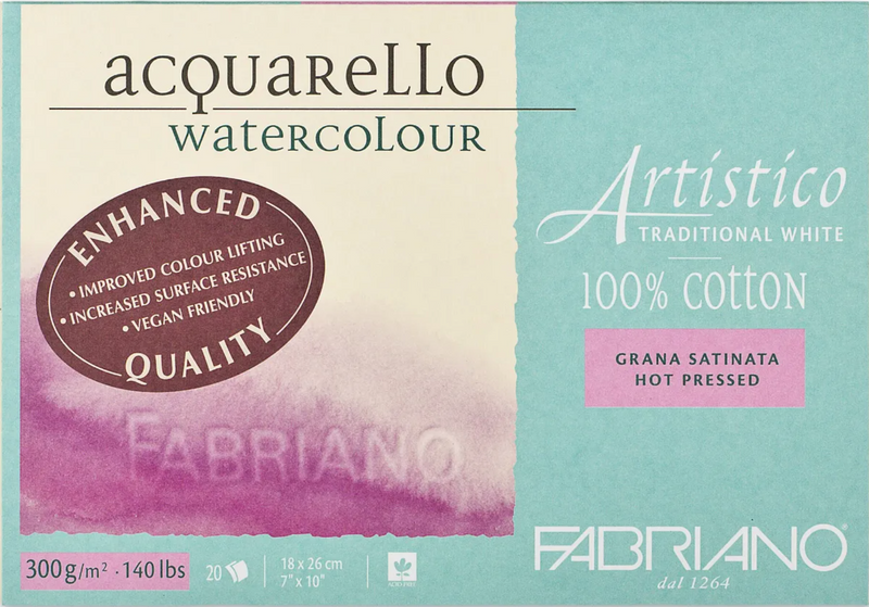 Fabriano Artistico Watercolour Enhanced Block 300gsm Hot Press Traditional White 20 Sheets