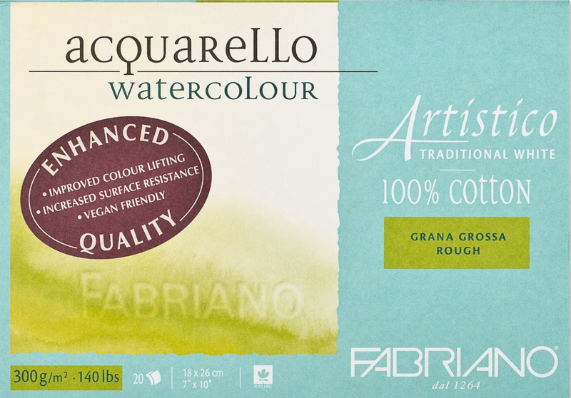 Fabriano Artistico Watercolour Enhanced Block 300gsm Rough Traditional White 20 Sheets