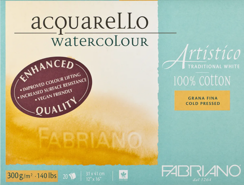 Fabriano Artistico Watercolour Enhanced Block 300gsm Cold Press Traditional White 20 Sheets