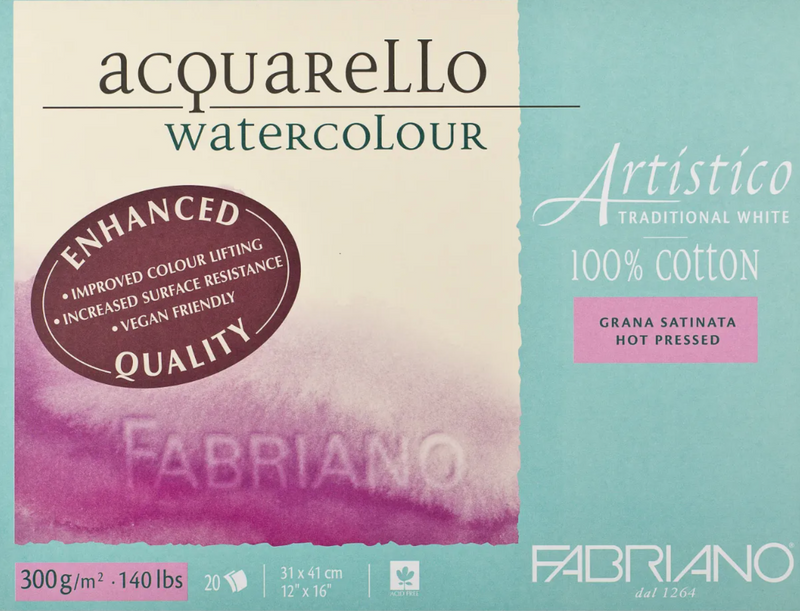 Fabriano Artistico Watercolour Enhanced Block 300gsm Hot Press Traditional White 20 Sheets