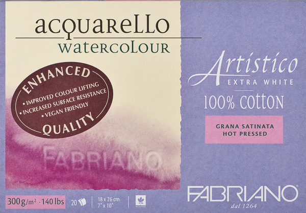 Fabriano Artistico Watercolour Enhanced Block 300gsm Hot Press Extra White 20 Sheets#Dimensions_18X26CM