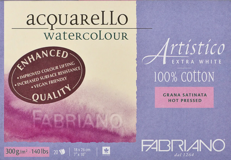 Fabriano Artistico Watercolour Enhanced Block 300gsm Hot Press Extra White 20 Sheets