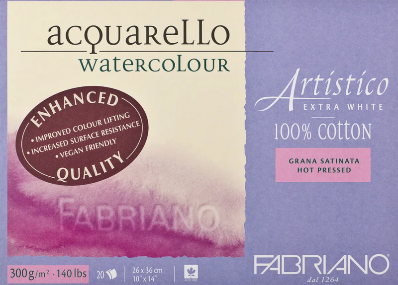 Fabriano Artistico Watercolour Enhanced Block 300gsm Hot Press Extra White 20 Sheets