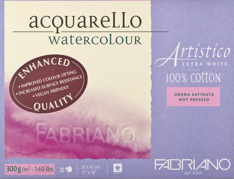 Fabriano Artistico Watercolour Enhanced Block 300gsm Hot Press Extra White 20 Sheets