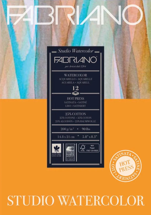 Fabriano Studio Watercolour 200gsm Hot Pressed 12 Sheet Pads#Size_A5
