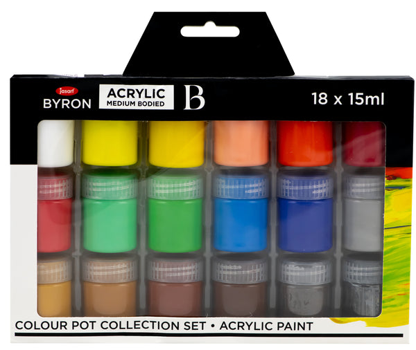 Jasart Byron Acrylic Paints Colour Collection Pot 15ml Set Of 18