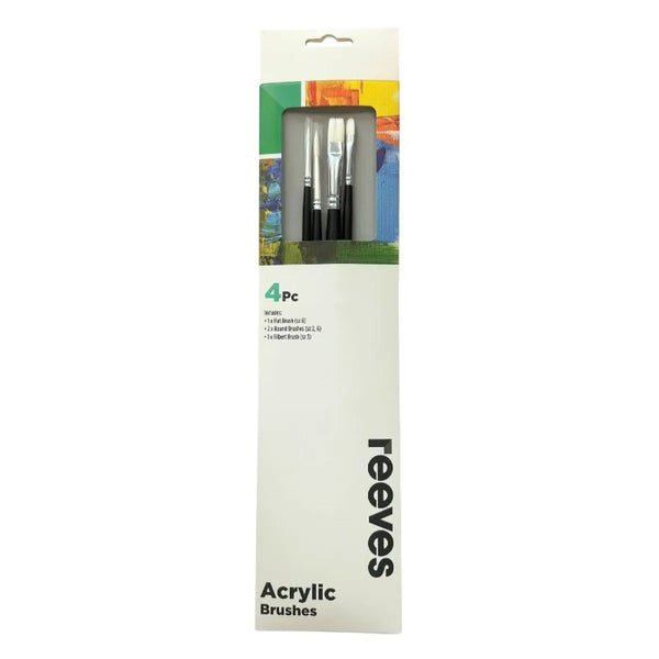 Reeves Acrylic White Synthetic Long Handle Brushes Set of 4