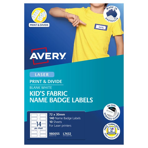 Avery Kids Fabric Name Badge Labels L7432 72x30mm 10 Sheets
