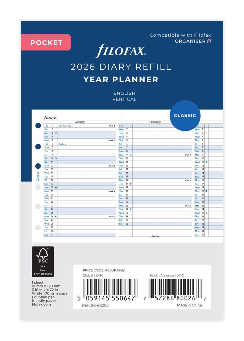 Filofax Refill Year Planner Vertical Pocket 2026