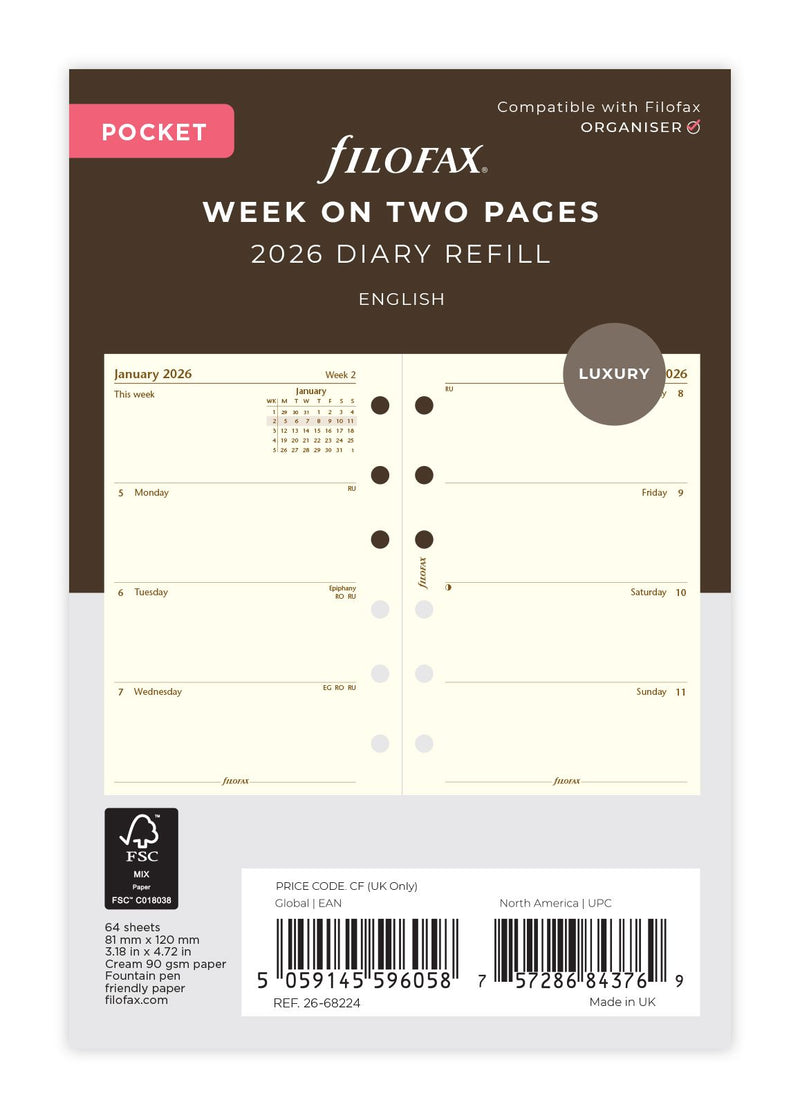 Filofax Refill Classic Week to View Pocket Cotton Cream 2026