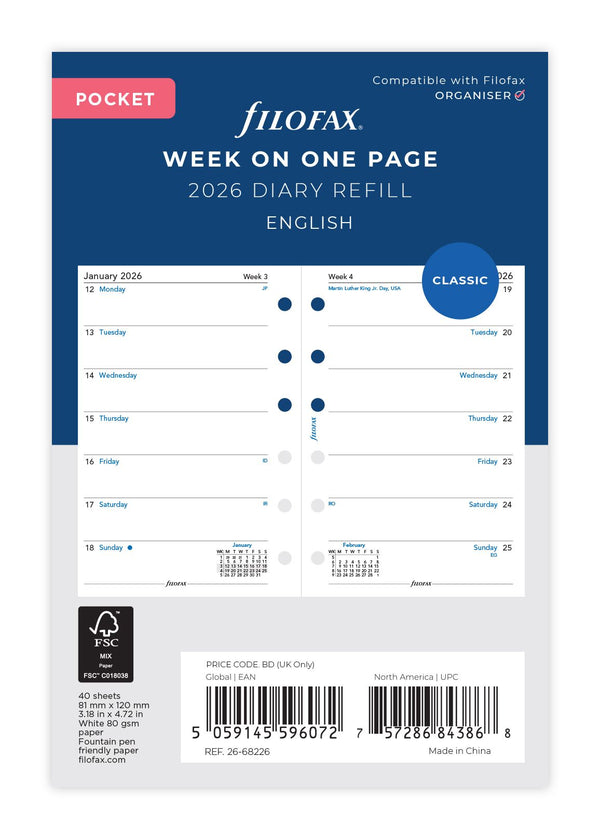 Filofax Refill Classic Week Per Page Pocket 2026