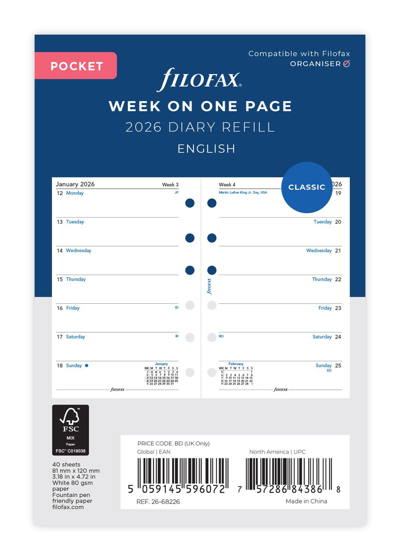 Filofax Refill Classic Week Per Page Pocket 2026