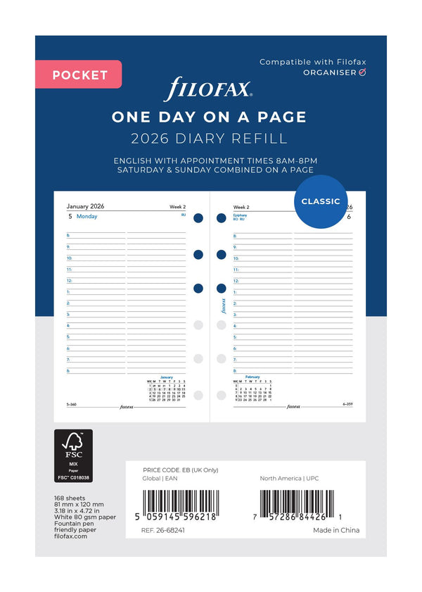Filofax Refill Classic Day Per Page With Appts Pocket 2026
