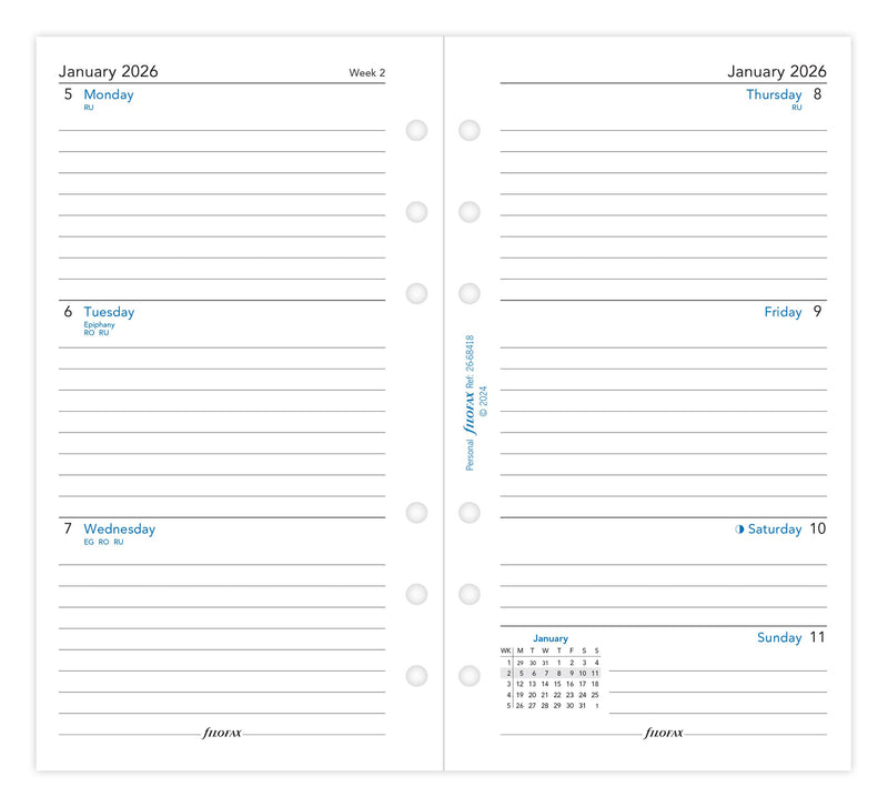 Filofax Refill Classic Week to View Ruled Personal 2026