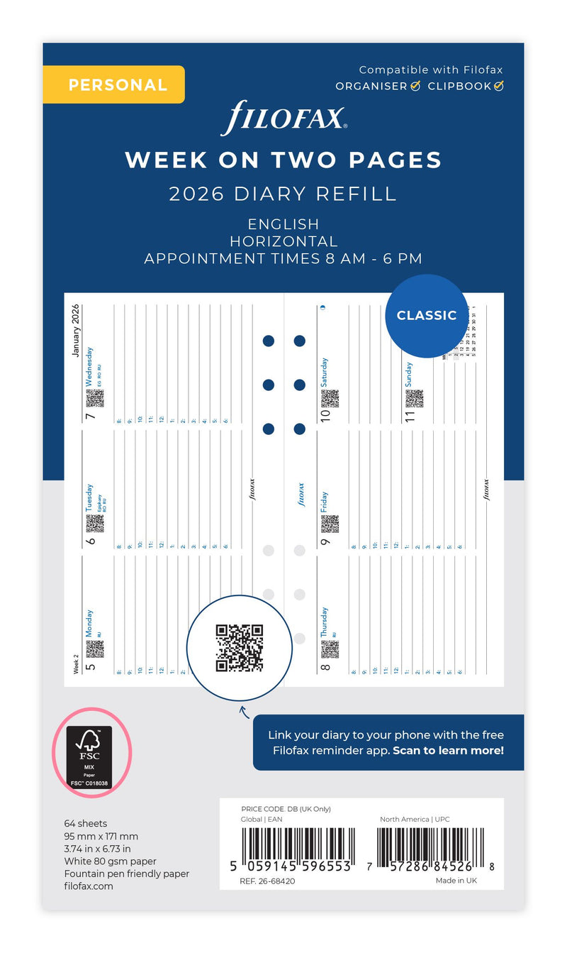 Filofax Refill Classic Week to View With Appts Landscape Personal 2026