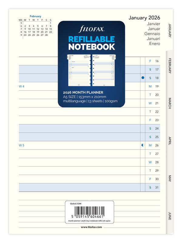 Filofax Refill Notebook A5 Month Planner 2026
