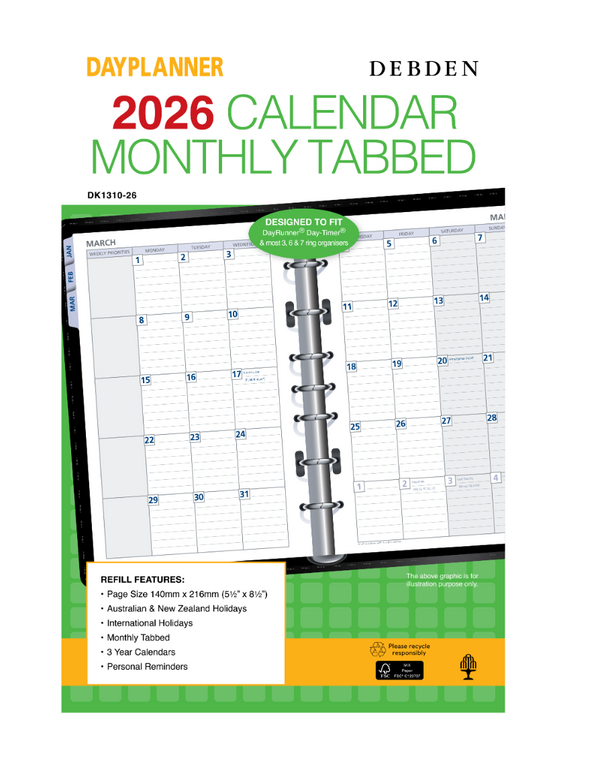 Debden Dayplanner Desk Month to View Tabbed Refill 2026