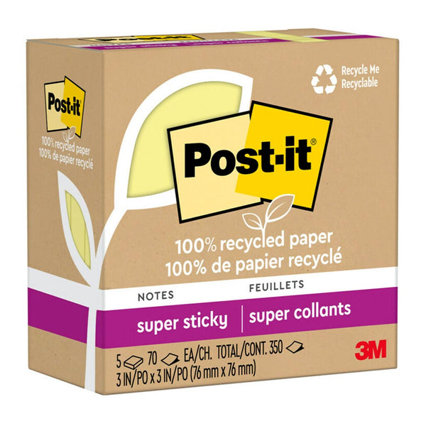 Post-it 100 Recycled 76x76mm Yellow Super Sticky Notes Pack of 5