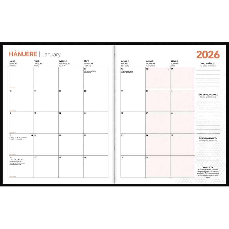 Tuhi Month To View Planner Mahere a marama Rangi 2026 Diary